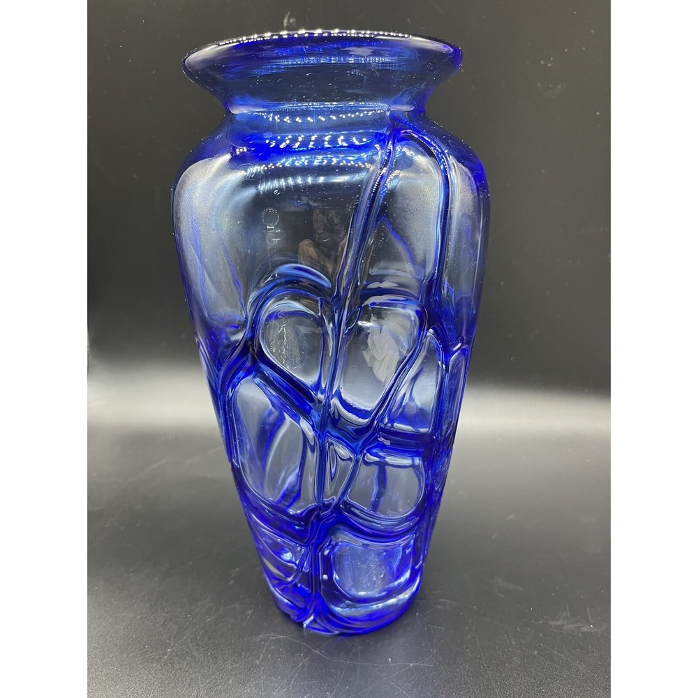 Mid Century Modern Art Glass Cobalt Blue Swirl Vase 9.75"